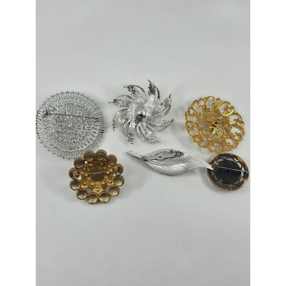 Vintage Brooch Lot 6pc Silver Gold Tone‎ Faux Pearl Filigree Floral Leaf Enamel